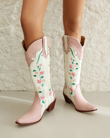 Pink White Floral Embroidered Mid Calf Western Boots