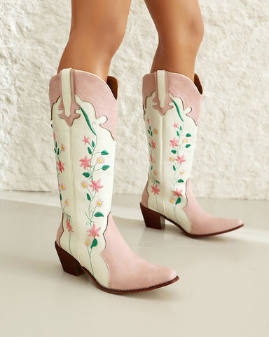 Pink White Floral Embroidered Mid Calf Western Boots