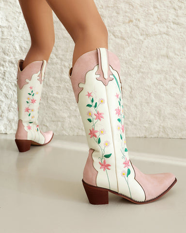 Pink White Floral Embroidered Mid Calf Western Boots