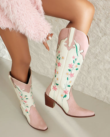 Pink White Floral Embroidered Mid Calf Western Boots