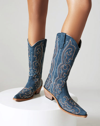 Blue Western Embroidered Mid High Boots