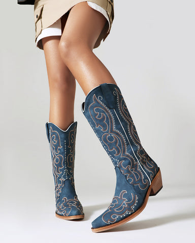 Blue Western Embroidered Mid High Boots