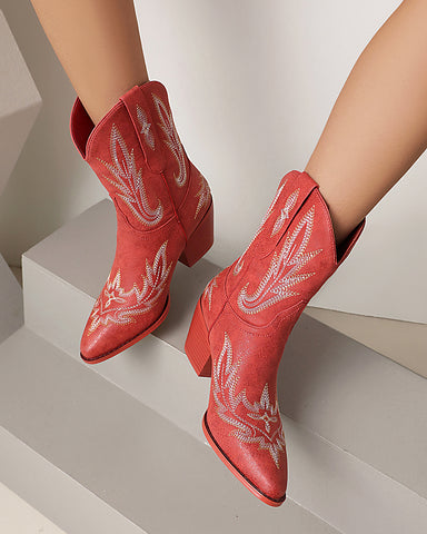 Embroidery Mid Calf Cowgirl Stitched Western Boots