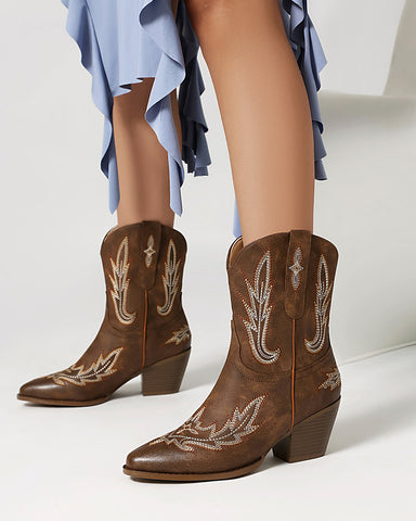 Embroidery Mid Calf Cowgirl Stitched Western Boots