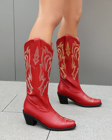 Red Mid Calf Cowgirl Embroidery Western Boots