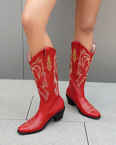 Red Mid Calf Cowgirl Embroidery Western Boots