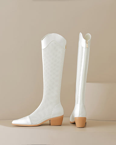 Mesh Knee High Block Heels Boots