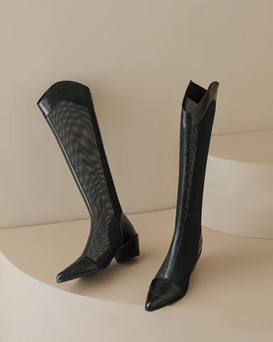 Mesh Knee High Block Heels Boots