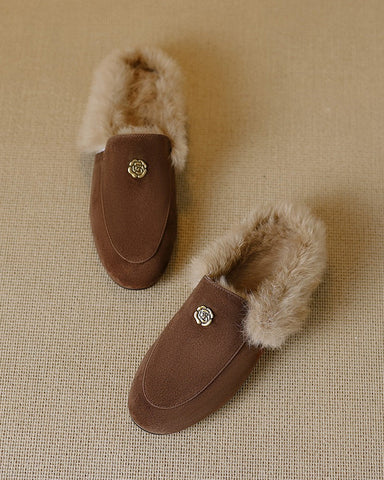 Suede and Rabbit Fur Round-toe Mules