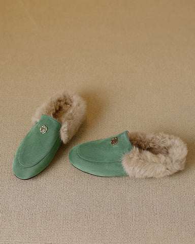 Suede and Rabbit Fur Round-toe Mules