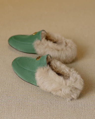 Suede and Rabbit Fur Round-toe Mules