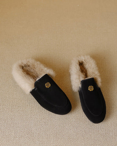 Suede and Rabbit Fur Round-toe Mules