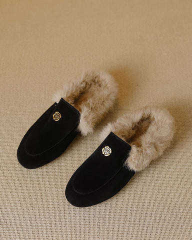 Suede and Rabbit Fur Round-toe Mules