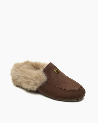 Suede and Rabbit Fur Round-toe Mules