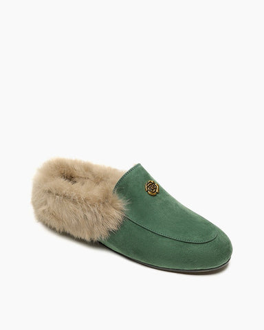 Suede and Rabbit Fur Round-toe Mules