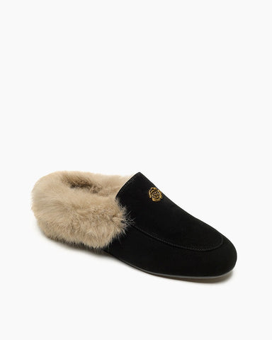 Suede and Rabbit Fur Round-toe Mules