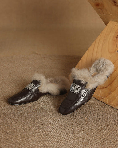 Sheepskin and Velvet Printed Mule Slippers