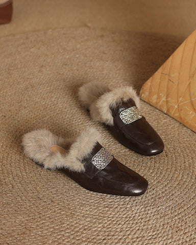 Sheepskin and Velvet Printed Mule Slippers