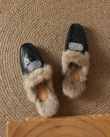 Sheepskin and Velvet Printed Mule Slippers