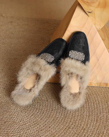 Sheepskin and Velvet Printed Mule Slippers