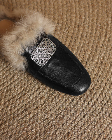 Sheepskin and Velvet Printed Mule Slippers