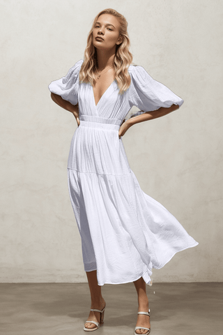 Deep V Puff Sleeve Resort Dress