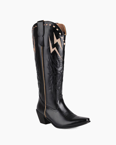 Lightning Embroidered Knee High Block Heel Boots