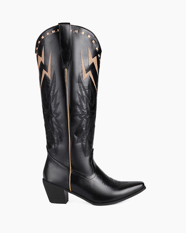 Lightning Embroidered Knee High Block Heel Boots