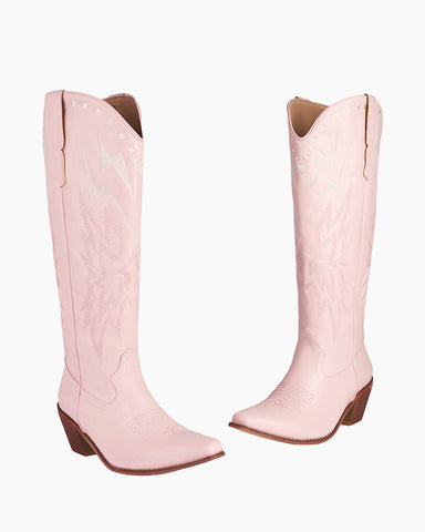 Lightning Embroidered Knee High Block Heel Boots