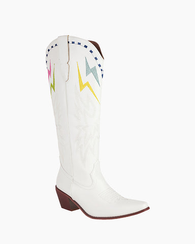 Lightning Embroidered Knee High Block Heel Boots