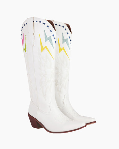 Lightning Embroidered Knee High Block Heel Boots