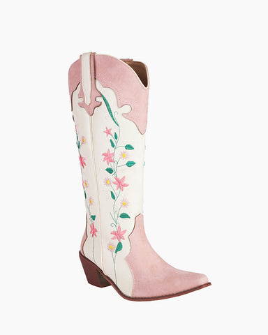 Pink White Floral Embroidered Mid Calf Western Boots