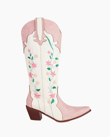 Pink White Floral Embroidered Mid Calf Western Boots