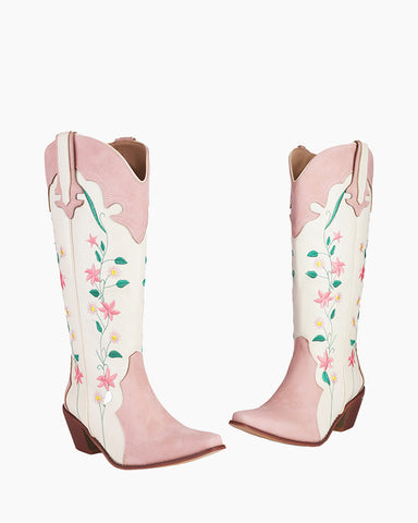 Pink White Floral Embroidered Mid Calf Western Boots