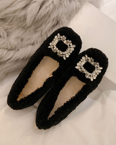 Rhinestone Square Buckle Lambswool Slip On Loafers