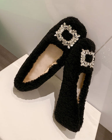 Rhinestone Square Buckle Lambswool Slip On Loafers