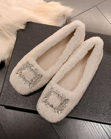 Rhinestone Square Buckle Lambswool Slip On Loafers