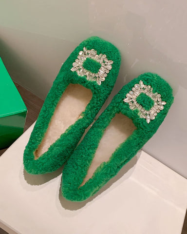 Rhinestone Square Buckle Lambswool Slip On Loafers