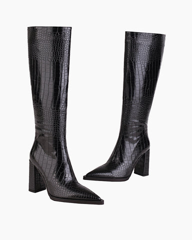 Printed Chunky Heel  Knee High Boots