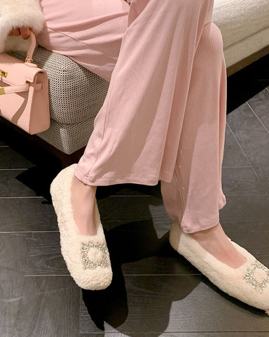 Rhinestone Square Buckle Lambswool Slip On Loafers