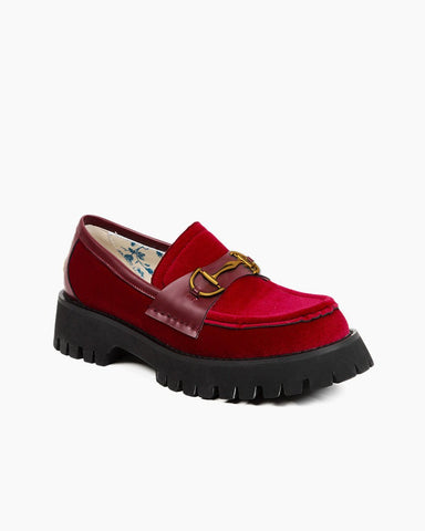 Alina Bee Embroidery Velvet Platform Leather Loafers