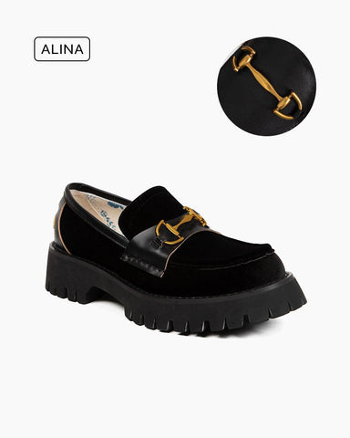 Alina Bee Embroidery Velvet Platform Leather Loafers