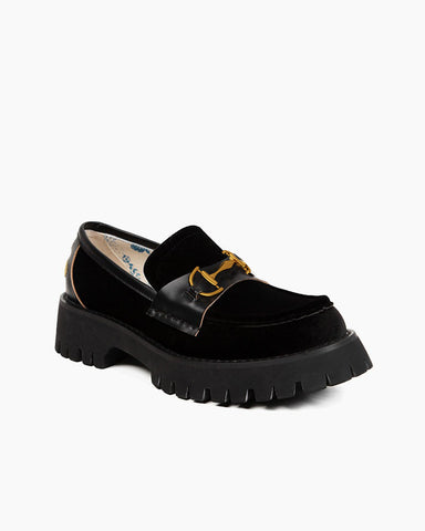 Alina Bee Embroidery Velvet Platform Leather Loafers