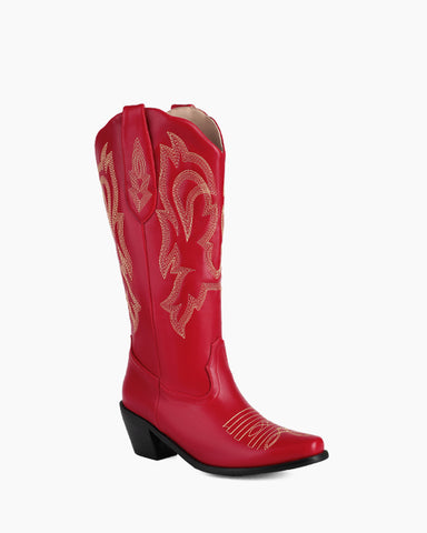 Red Mid Calf Cowgirl Embroidery Western Boots