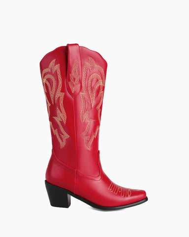 Red Mid Calf Cowgirl Embroidery Western Boots