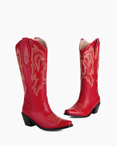 Red Mid Calf Cowgirl Embroidery Western Boots