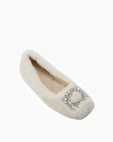 Rhinestone Square Buckle Lambswool Slip On Loafers