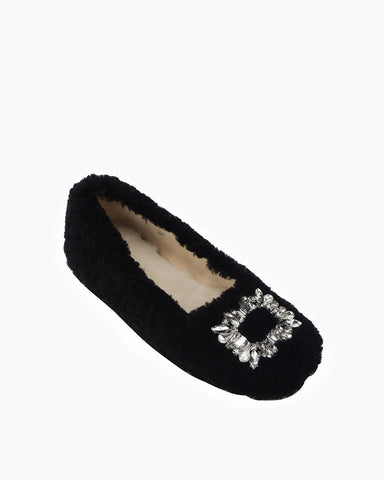 Rhinestone Square Buckle Lambswool Slip On Loafers