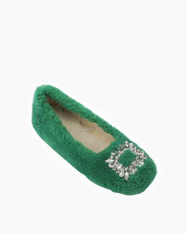 Rhinestone Square Buckle Lambswool Slip On Loafers