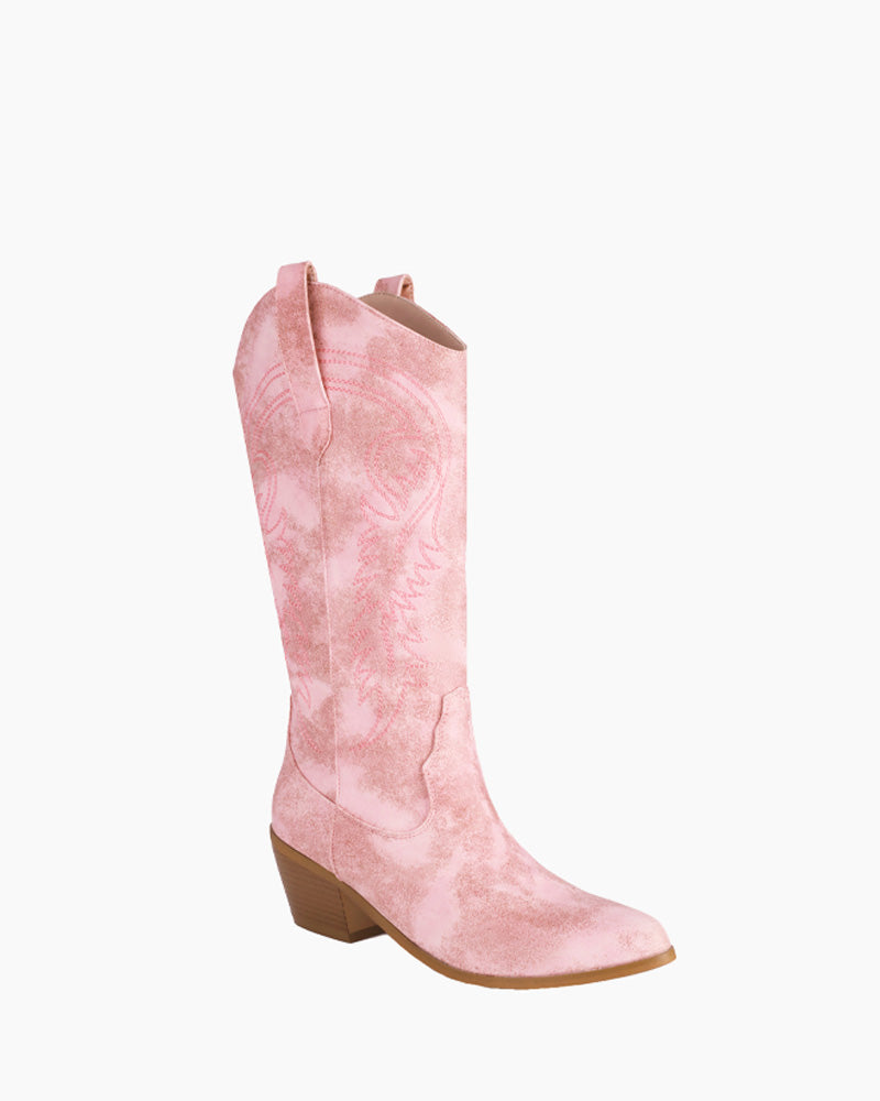 Gradient Pink Embroidered Mid Calf Western Boots